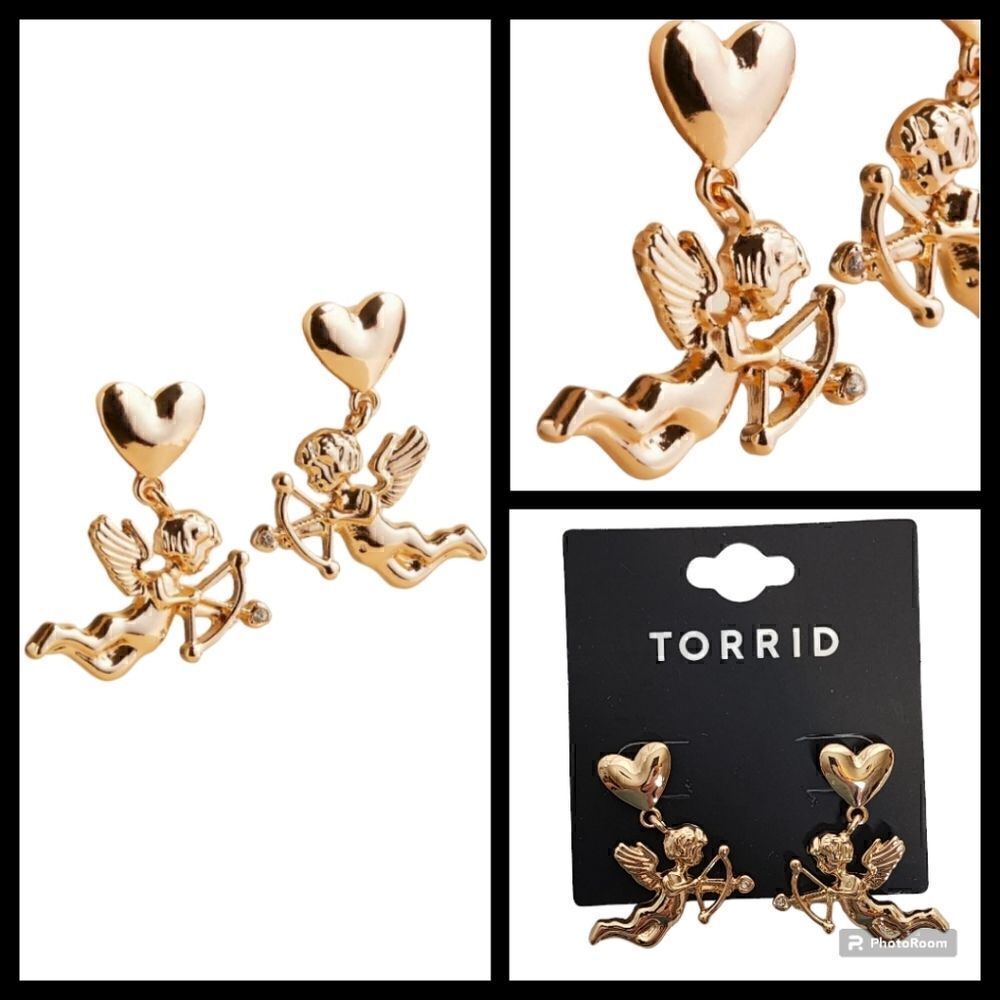 Torrid Gold Cupid Earring Heart Charm Dangle Rhinestone Cherrub Romance 90s Love